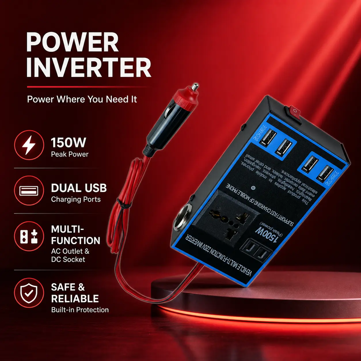 1500W Peak Vehicle Power Inverter - DC 12V/24V to AC 220V Converter for Truckers, Cab Use, with Multi-Port Design & Cigarette Lighter Cable