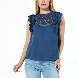 Democracy Woven Crepe Double Ruffle Cap-Sleeve Top