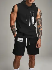 Men's Summer Sports Set with Flag Pattern, Sleeveless Hoodie and Drawstring Shorts, Comfortable Outdoor Athletic Wear for Daily Activities, Streetwear Tracksuit Set, Sporty Style Clothes