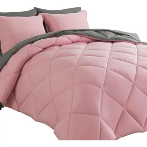 Bed in a Bag Full Comforter Sets 7pcs All Season Down Alternative Bedding Sets Pink and Grey with Comforter, Pillow Shams, Flat Sheet, Fitted Sheet and Pillowcases