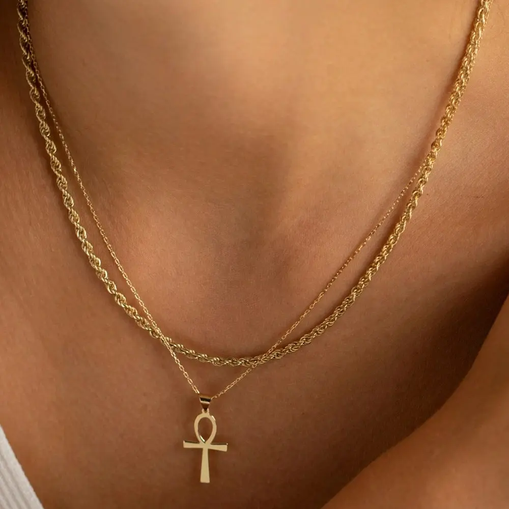 Layered Ankh Cross Necklace Set for Men Women Stainless Steel Faith Egyptian Key of Life Pendant Twisted Rope Chain Choker Gold coating Plated Religious Protection Amulet Statement Sweater Chain Jewelry Gift charm