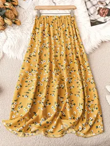 Women's Long Split Skirt, Elastic Waist, Bohemian Floral Pattern, Ditsy, Cute Summer Fashion, Cool and Comfortable Design