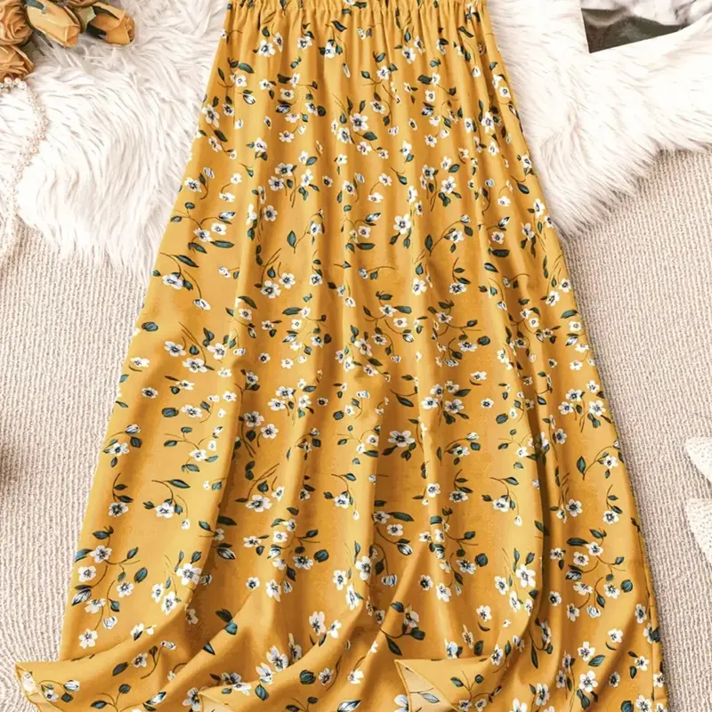 Women's Long Split Skirt Woven, Elastic Waist, Bohemian Boho Floral Pattern, Ditsy, Cute Summer Fashion, Cool and Comfortable Design, Floral printed skirt, Bohemian Summer Skirts