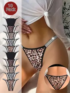Women's Seamless Leopard Print Bikini Underwear, Glitter Waistband, Soft Comfortable Breathable, Plus Size, 10 Pcs, All Seasons