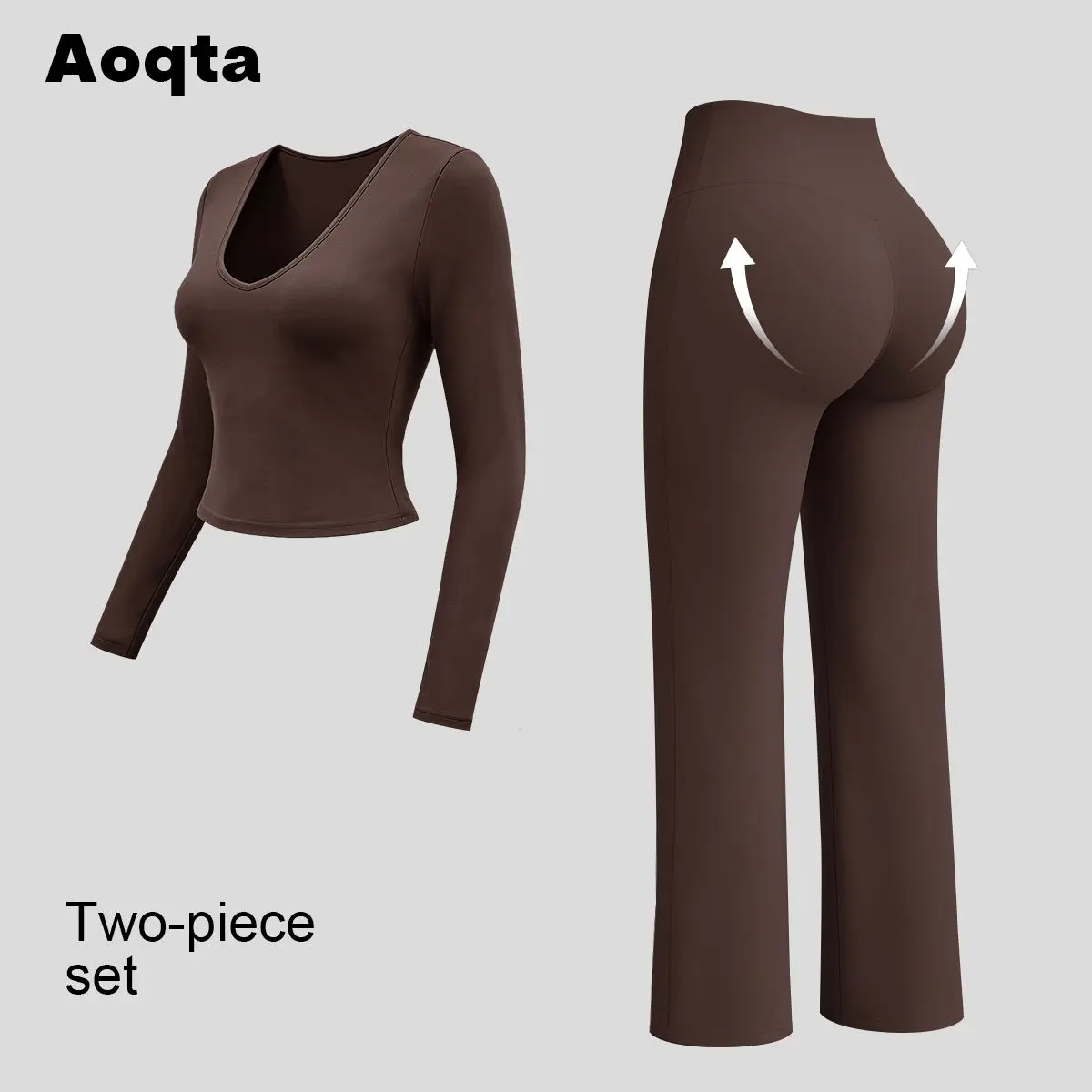 Aoqta Women’s 2-Piece Workout Set, V-Neck Long-Sleeve Top, High-Waist Flare Leg Activewear Outfit for Gym, Fitness
