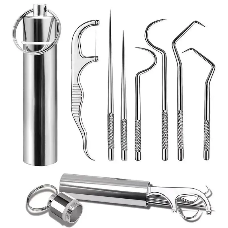 7PCS 304 Stainless Steel Reusable Toothpick Set - Portable, Easy Grip, Keychain Holder, Interdental Cleanser, Multiple Types, Thorough Clean Travel Oral Care Kit for Camping, Interdental Cleaner, Cleansing, Food Grade, Durable, Metal Coating, Non-Slip Des