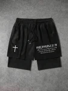 Men's Letter Print Cross Charm Shorts, Regular Fit Casual Fashion Comfy Shorts for Summer, Men's Bottoms for Daily Wear, Letter Patched Shorts, Graphic Print Shorts