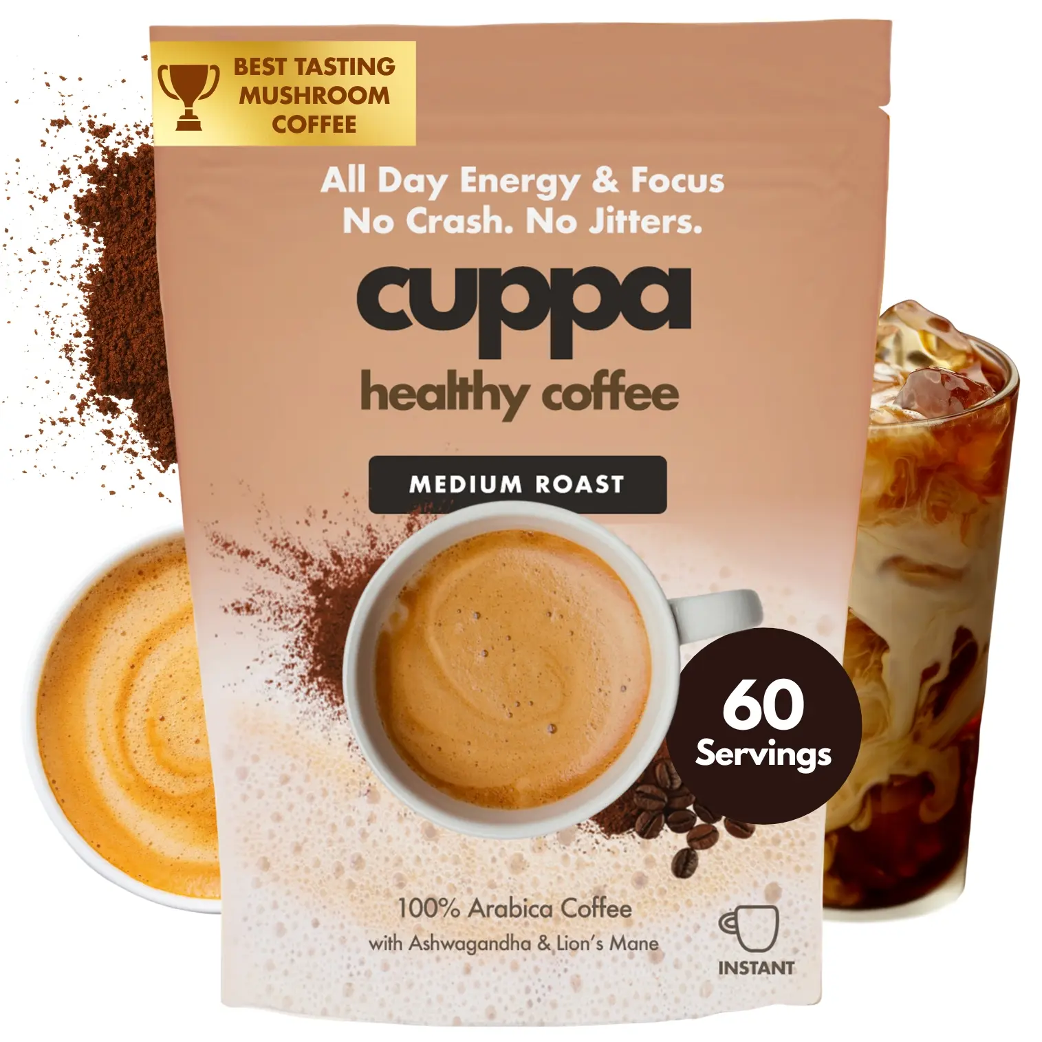 Cuppa Medium Roast Healthy Mushroom Instant Coffee with Lion's Mane & Ashwagandha for All Day Energy & Focus - No Crash or Jitters (60 Serving)
