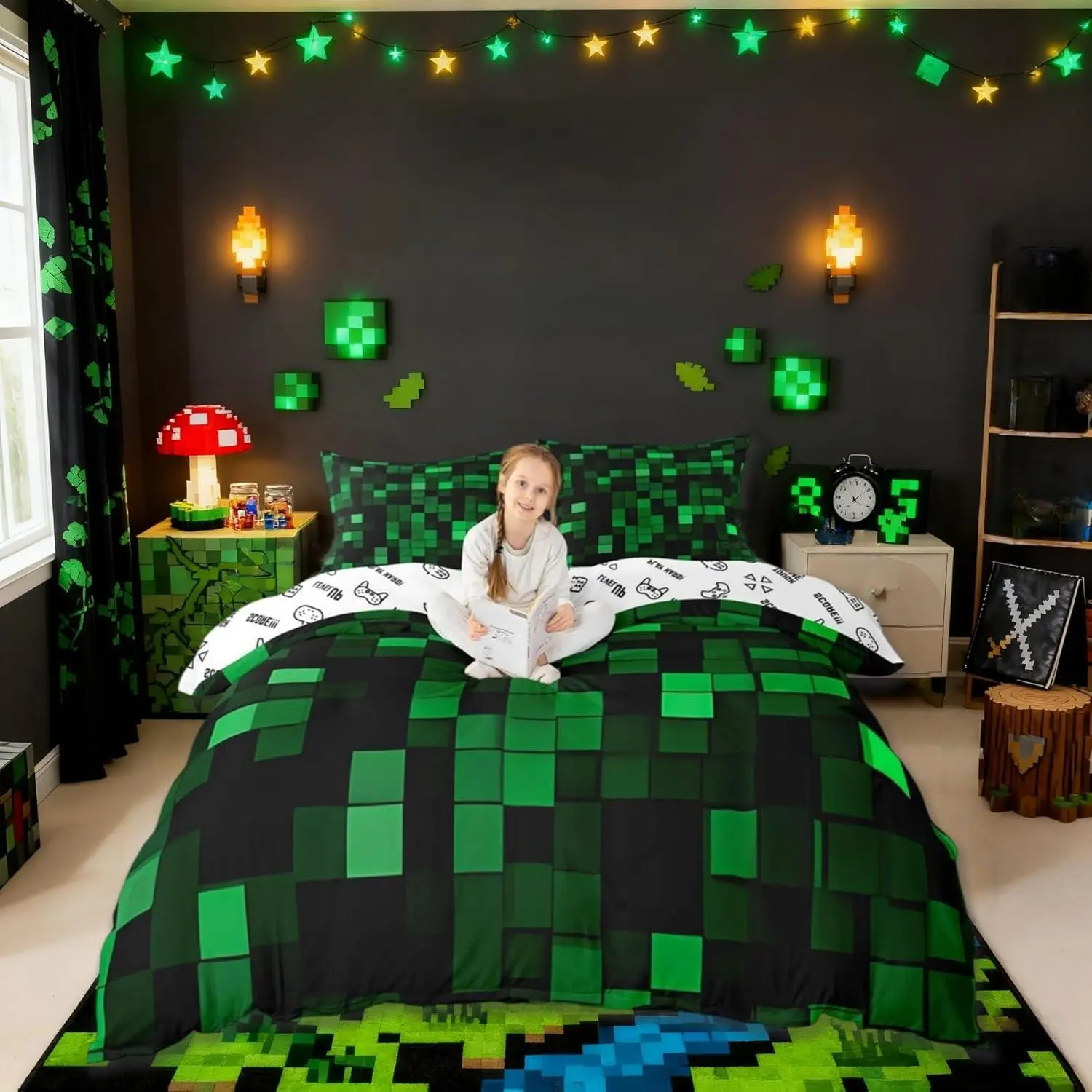 Pixelated Miners Gamer Kids Duvet Cover Set,Geometric Check Video Games Girls Boys Bedding Set,Gamepad Camo Grid Room Decor,Black Green Quilt Cover,(No Comforter)