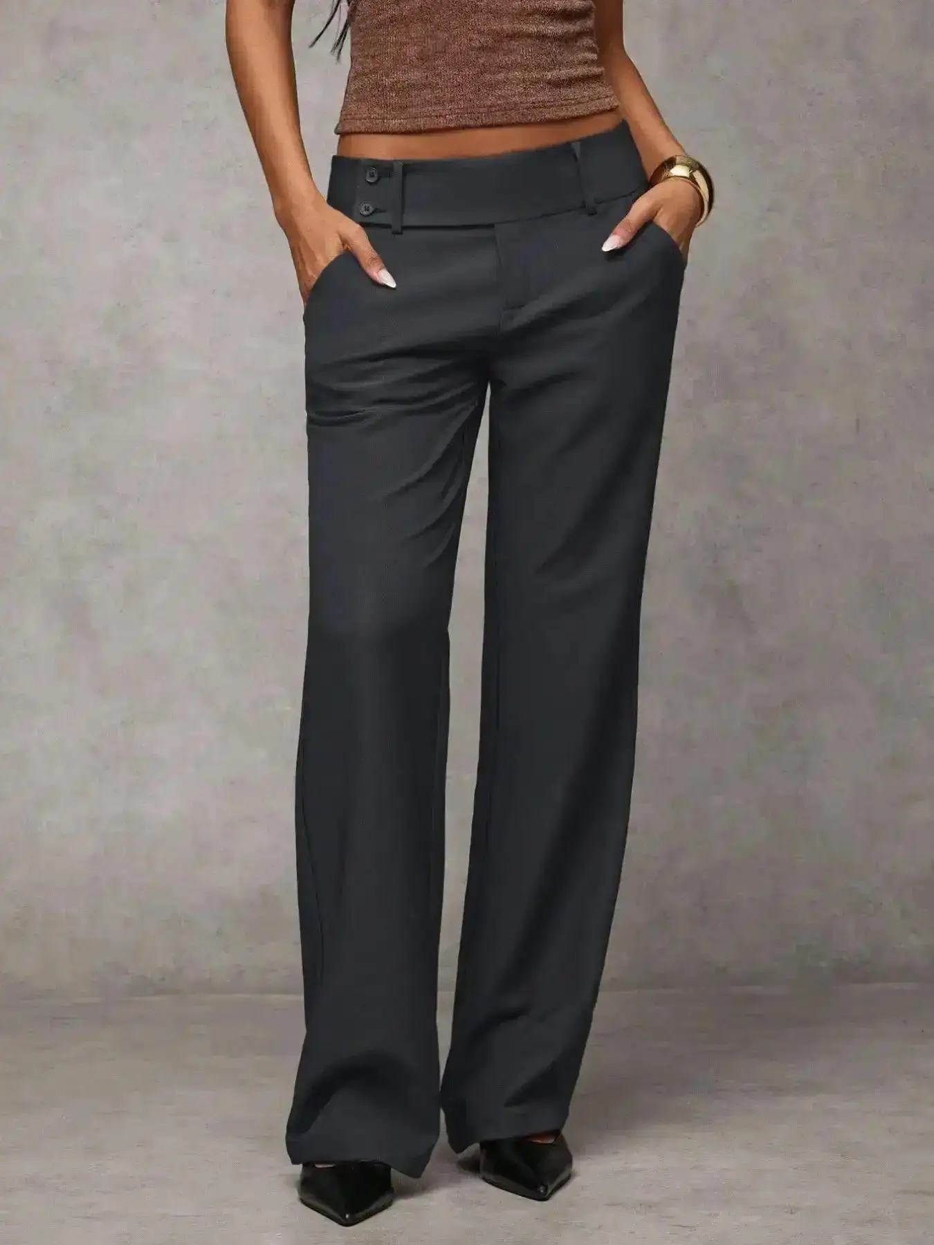 Women Basic Plain Pocket Elegant Casual Fitted Flare Pants 2026 Business Casual All Season Ladies