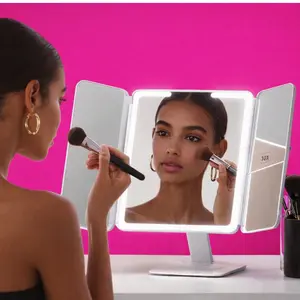 Adjustable lighting Portable LED Light Makeup Mirror, VanityMirror with Lights, 3-fold Foldable Rechargeable Mirror with 2x 3x & 10xMagnification, Touch Control Mirror for Travel& Bedroom Use, Rechargeable Trifold Mirror