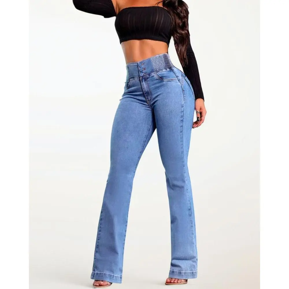 Women's Retro Cotton High-Waist Curvy Fit Flared Jeans - Lady's H-Type Sculpting, Butt-Lifting, Stretch Denim with Elastic Waistband, Utility Pocket for Comfortable Work Wear