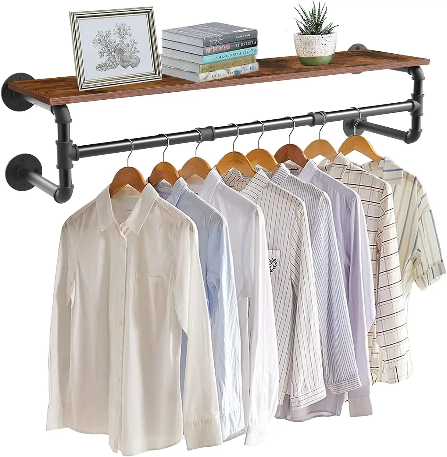 Industrial Pipe Clothes Rail Garment Rack with Storage Shelf Wall Mounted Clothing Hanging Rail