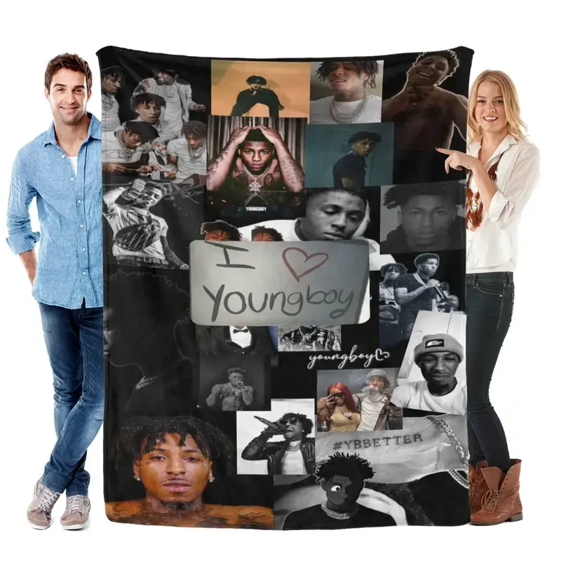 YoungBoy Collage Black Backdrop Portrait Print Flannel Throw Blanket Soft Cozy Warm Lightweight Plush Fleece Blanket Unique Christmas Holiday Gift for Hip-Hop Fans Couch Bed Sofa All Season Home Decor
