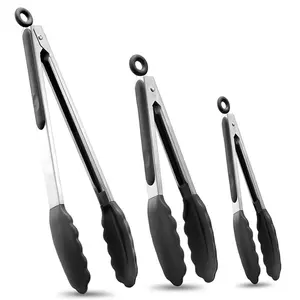 Premium Stainless Steel Locking Kitchen Pliers Set, Silicone Tips, 3-Piece, 7", 9", 12", BBQ Grill Food Clips for Multiple Uses, Kitchen Utensils Set