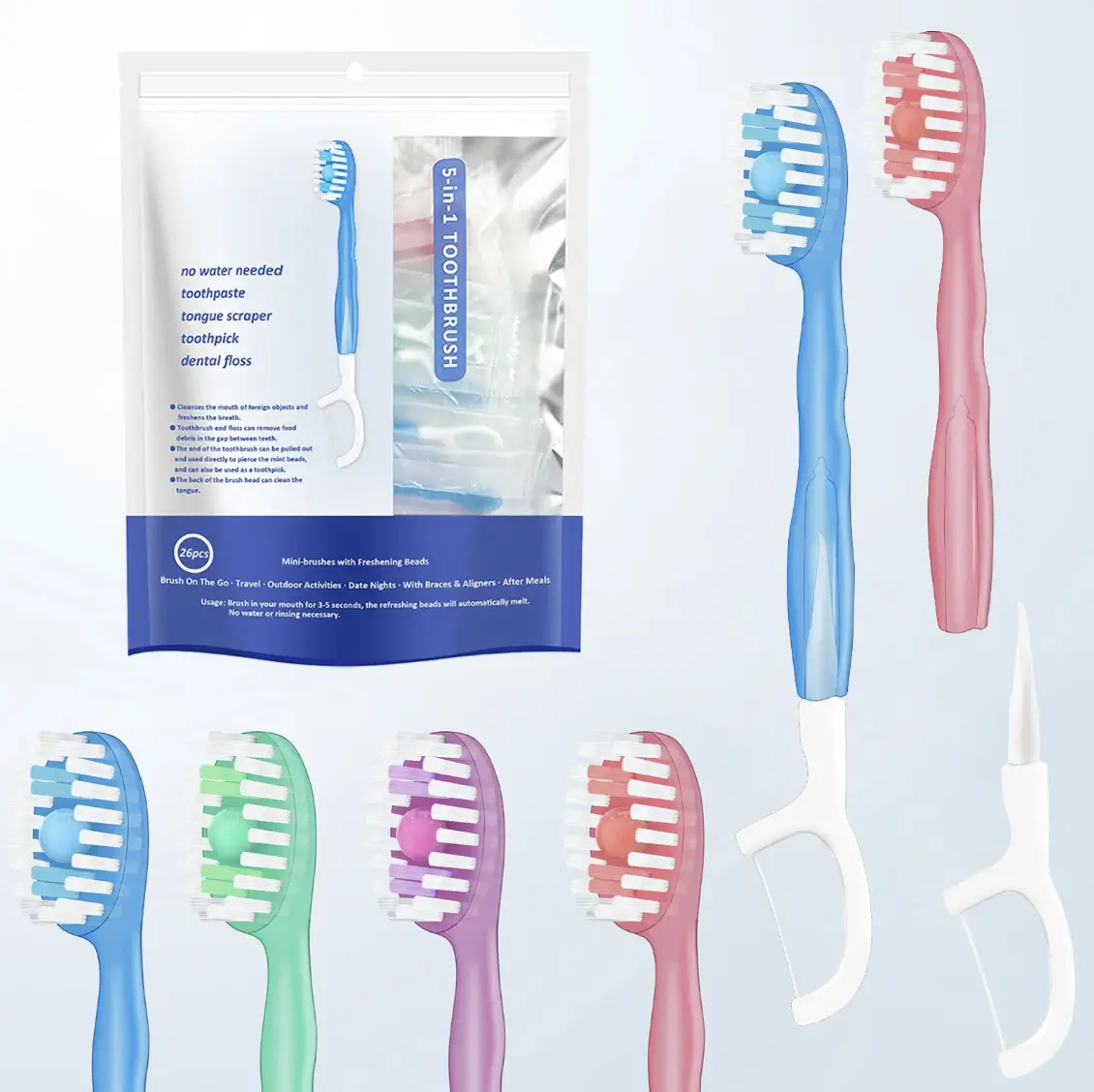 Disposable mini soft-bristle toothbrushes, travel pack, portable with toothpaste, no water or rinsing required, toothpick, multi-effect, fresh breath