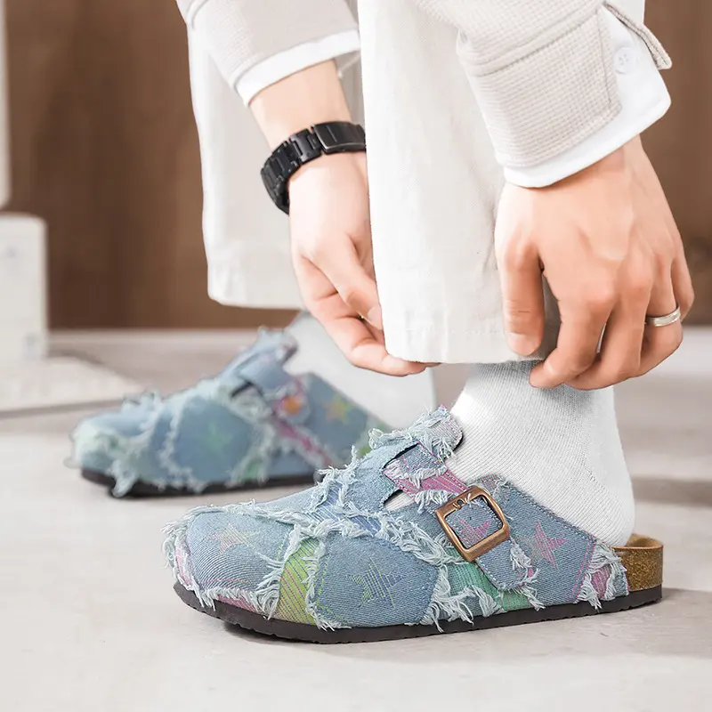Men's Denim Clog Mules Adjustable Buckle Slip On Sandals Non Slip Soft Cork Footbed Slides Vintage Casual Outdoor Indoor Slippers