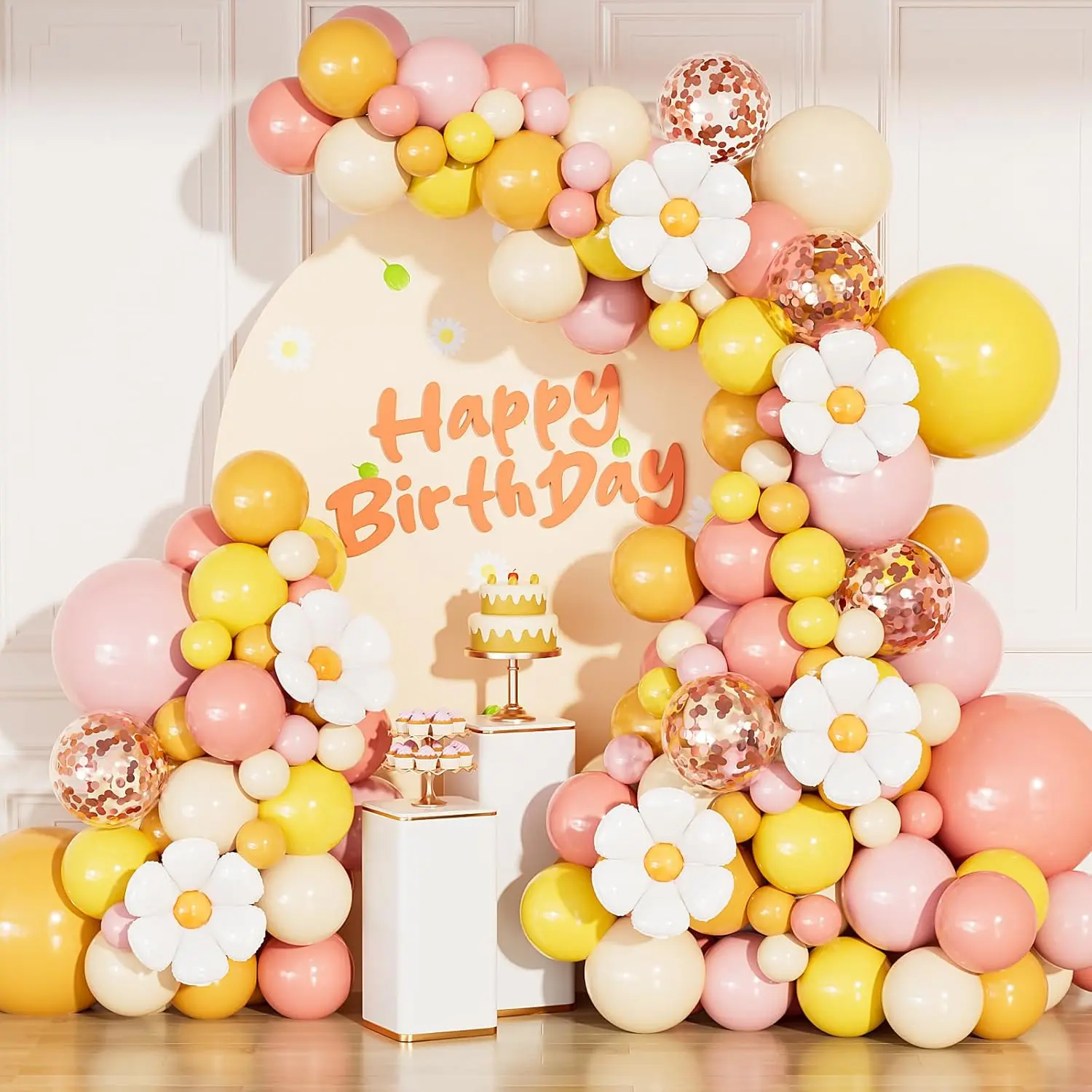 136 Pcs Boho Daisy Balloon Arch Garland Kit Pink Yellow Orange Nude Party Balloons