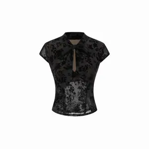 Cider Floral Lace Round Neckline Bowknot Tie Front Top