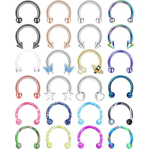 24 PCS Septum Nose Rings for Women 16G - Hypoallergenic Horseshoe Lip Daith Piercing Jewelry Cute Small Stainless Surgical Steel Rook Conch Helix Tragus Daith Cartilage Earrings Hoops Set 10mm