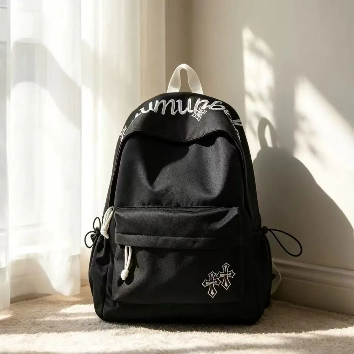 Minimal Gothic Embroidered Letter Backpack - Simple Cross Pattern, Lightweight School Bag for Teen Students, Daily Commute Travel Casual Bag