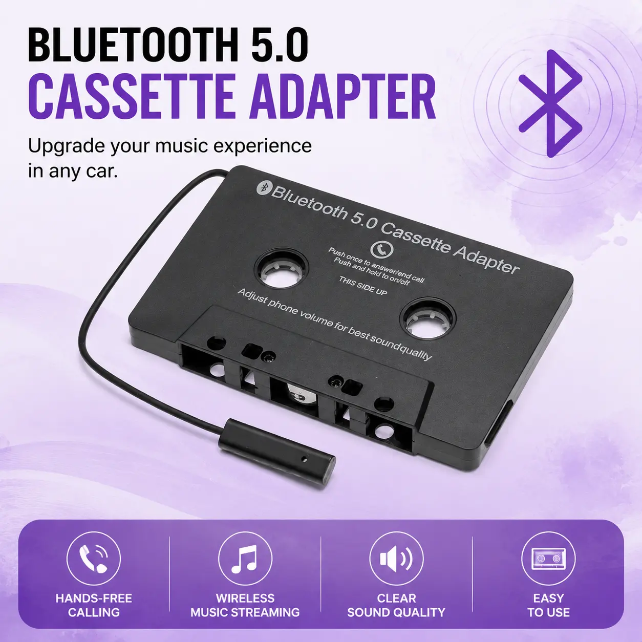 Bluetooth 5.0 Car Cassette Adapter - Wireless Audio Receiver Tape Converter for Car Stereo, Compatible with Smartphones, Android Devices, MP3 Players, Tablets, Player