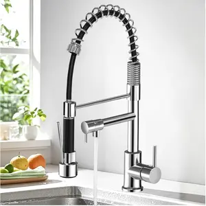 Modern High Arc Single Handle Kitchen Faucet, Pull Down Spray Head, Commercial Brass Material, 360 Degree Extensible Nozzle, Polished Chrome Finish