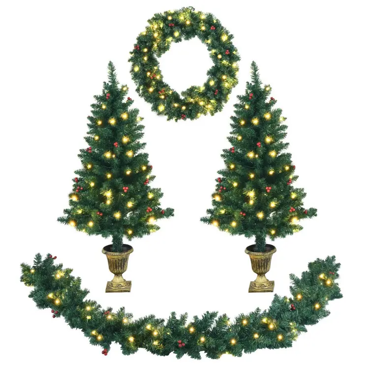COSTWAY Pre-lit Holiday Christmas 4-Piece Set, Christmas Garland, Wreath and Set of 2 Entrance Trees with LED Lights, Artificial Christmas Tree Celebrating Set