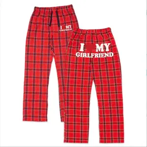 I Love My Girlfriend Flannel Pajama Pants – Matching Red Plaid Couple Sleepwear, Cozy Valentine Pajamas Gift for Partner