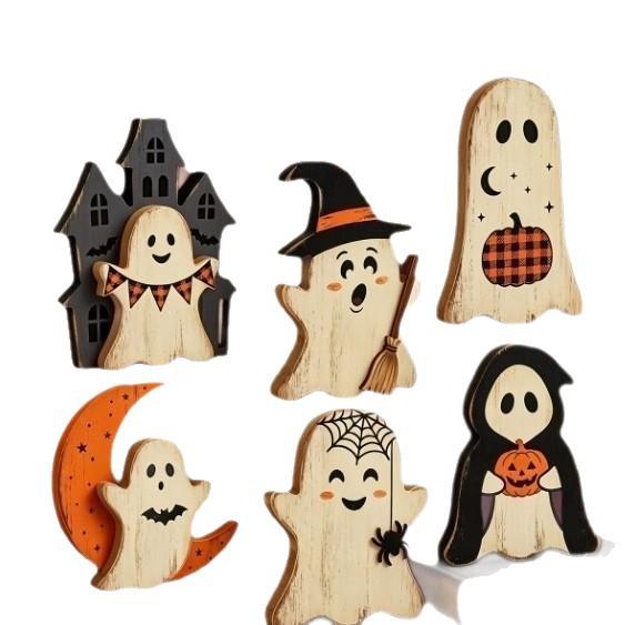 6PCS Halloween Wooden Shelf Sitter Set – Cute Ghost, Pumpkin & Black Cat Table Decor | Rustic Farmhouse Halloween Tiered Tray Decorations | Fall Home & Office Party Display