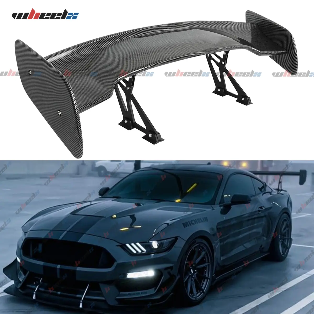 Ford Mustang GT350/GT500 – 57-in GT Style Universal Car Rear Spoiler - No-Drill Racing Wing , Gloss Black Carbon Fiber Trunk Spoiler