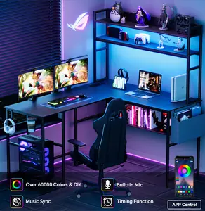 L Shaped Gaming Desk with LED Lights & Power Outlets Computer Desk with Hutch Office Desk with Storage Shelf, Headphone Hook,Cup Holder twoperson desk