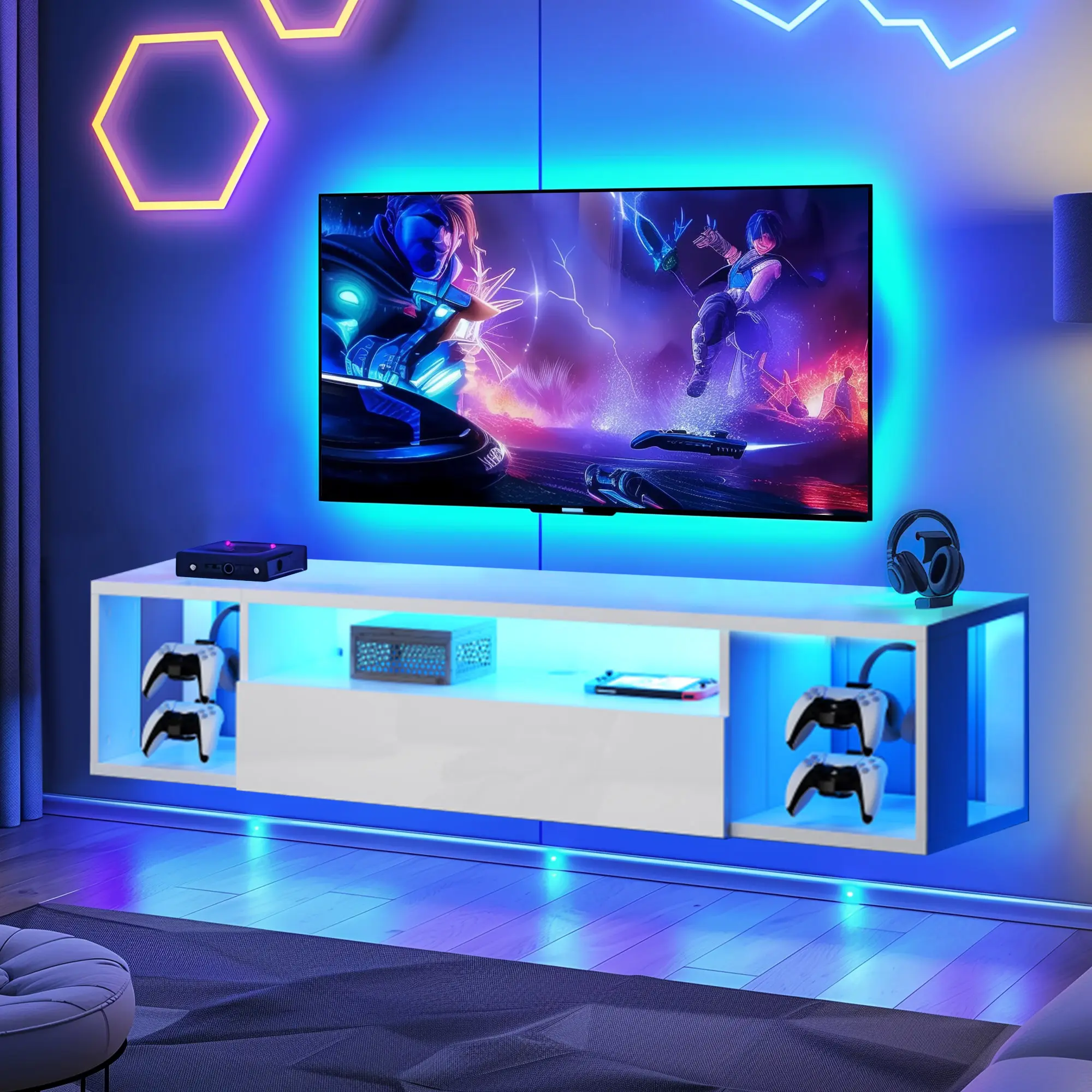 Soges Floating TV Stand with LED Lights, Wall Mounted Entertainment Centre with Headphone & Gaming Handle Hooks, Modern Space Saving Media Console TV Shelf with Storage for Living Room Bedroom, Black/ White