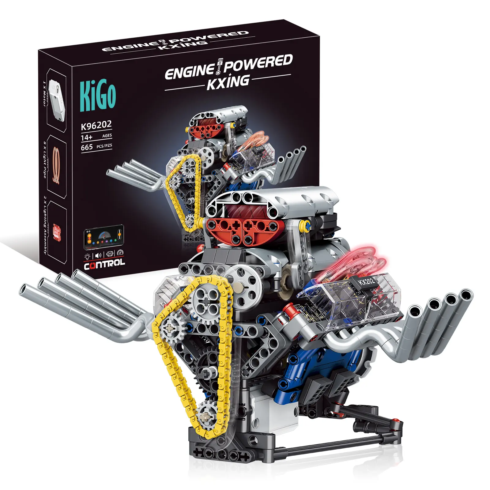 【665 PCS】Hellcat-Style Motorized V8 Engine Model Building Kit, with APP Control & LED Lights