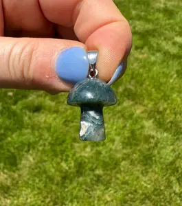 Moss Agate Mushroom Pendant - Polished Moss Agate Mushroom Necklace