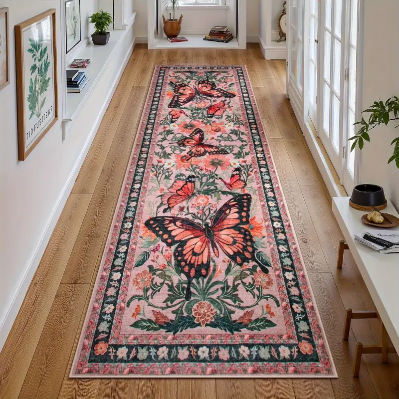 Washable Rug 24*71 Inch, Floral Kitchen Rug Vintage Slim Insect Print Indoor Throw Rug Runway Entrance Bedroom Laundry Room
