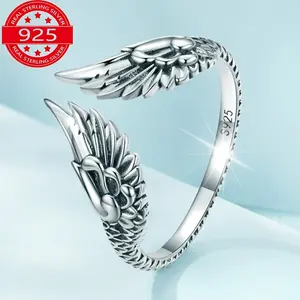 S925 Sterling Silver - Wings Open Ring - Simple Retro Guardian Feather - Finger Ring Hand Jewelry - 1pc
