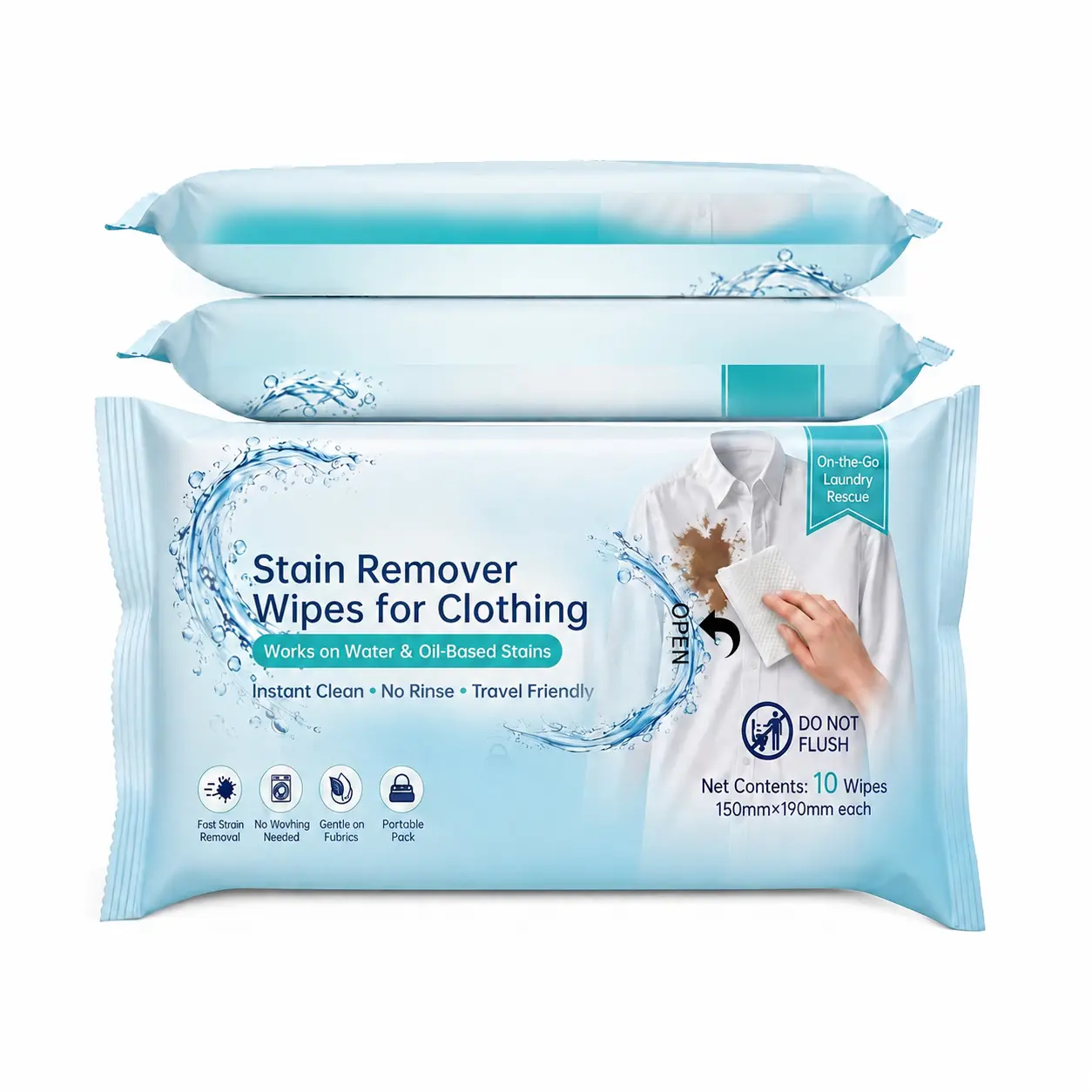 Stain Remover Wipes for Clothes, 10 Count No-Rinse Laundry Wipes, Portable Clothing Stain Cleaner for Fresh Coffee, Sauce, Oil & Makeup Stains, Travel Pack for Office, Car, Dining & On-the-Go