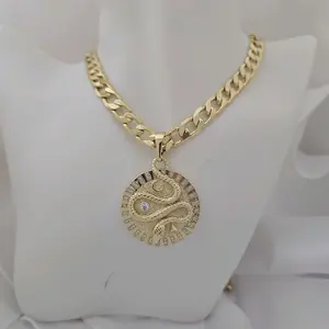 Gold Plated Snake 530 Chain Unisex Necklace 249  with Detailed Medallion and Cubic Zirconia Accents Cuban Link Design
