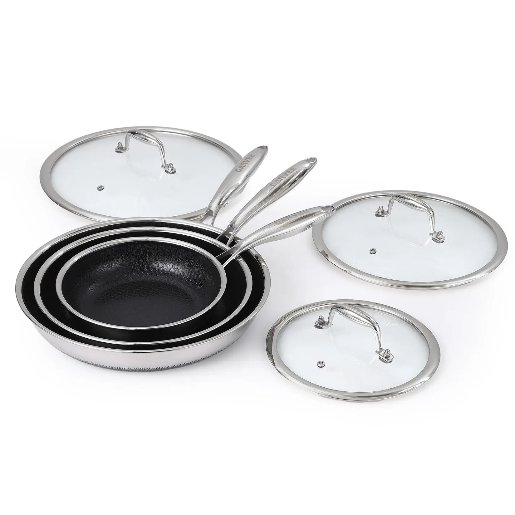 Garvee 6-Piece Tri-Ply Stainless Steel & Aluminium Nonstick Frying Pan Set with Tempered Glass Lids, Stay-Cool Handles - Induction Compatible, Dishwasher/Oven Safe, Health-Conscious Design for Home Chefs, Easy Monitoring, Effortless Food Release, Family M