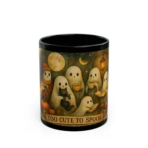 Black Ceramic Halloween Mug: Ghost Design, 11oz Coffee Cup