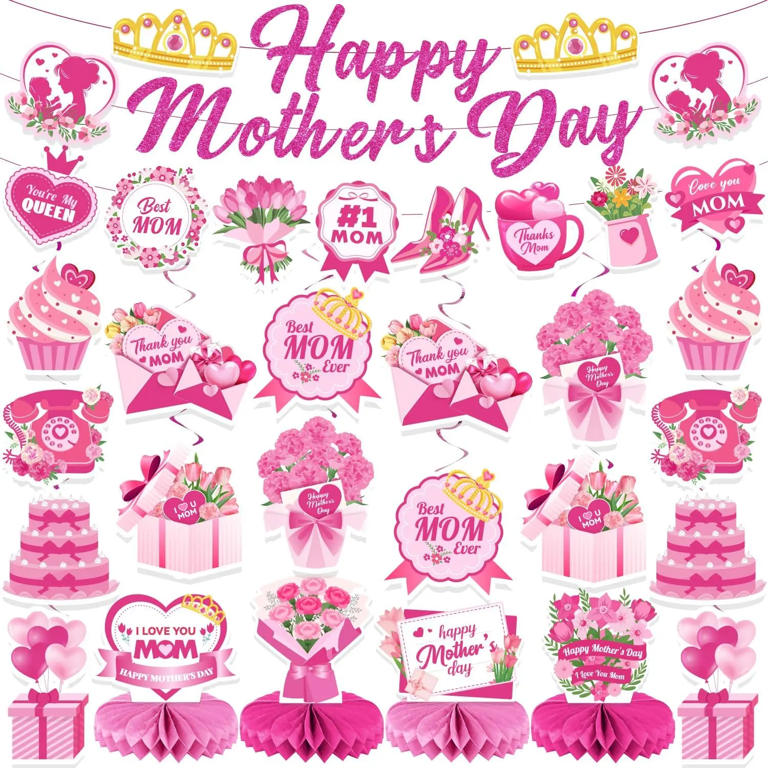 Mother's Day Decorations Set - Pink Glitter Happy Mother's Day Banner, Print Garland, Hanging Swirls, Honeycomb Centerpieces - Best Mom Ever Party Supplies