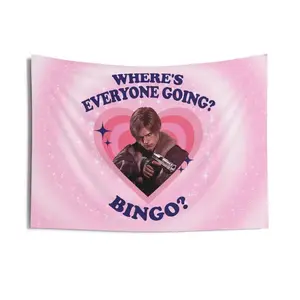 Leon Kennedy Where's Everyone Going? Bingo? Flag, Leon S. Kennedy Indoor Wall Tapestries, Leon Kennedy RE9 Flag-room decor