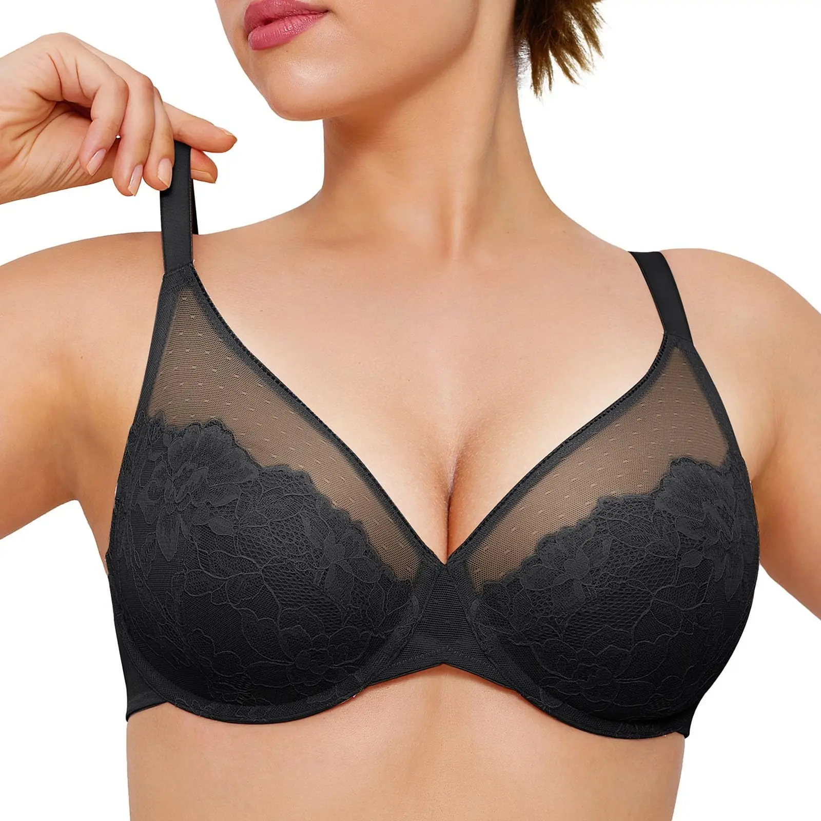 Popilush Women's Lace Minimizer Underwire Bra Unlined Full Coverage Supportive Lift Deep V Everyday Bralette for Large Bust