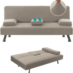 4 Pieces Stretch Futon Covers Sofa Bed Slipcover with Removable Armrests and Cupholders Covers Furniture Protector High Spandex Small Checks, Taupe