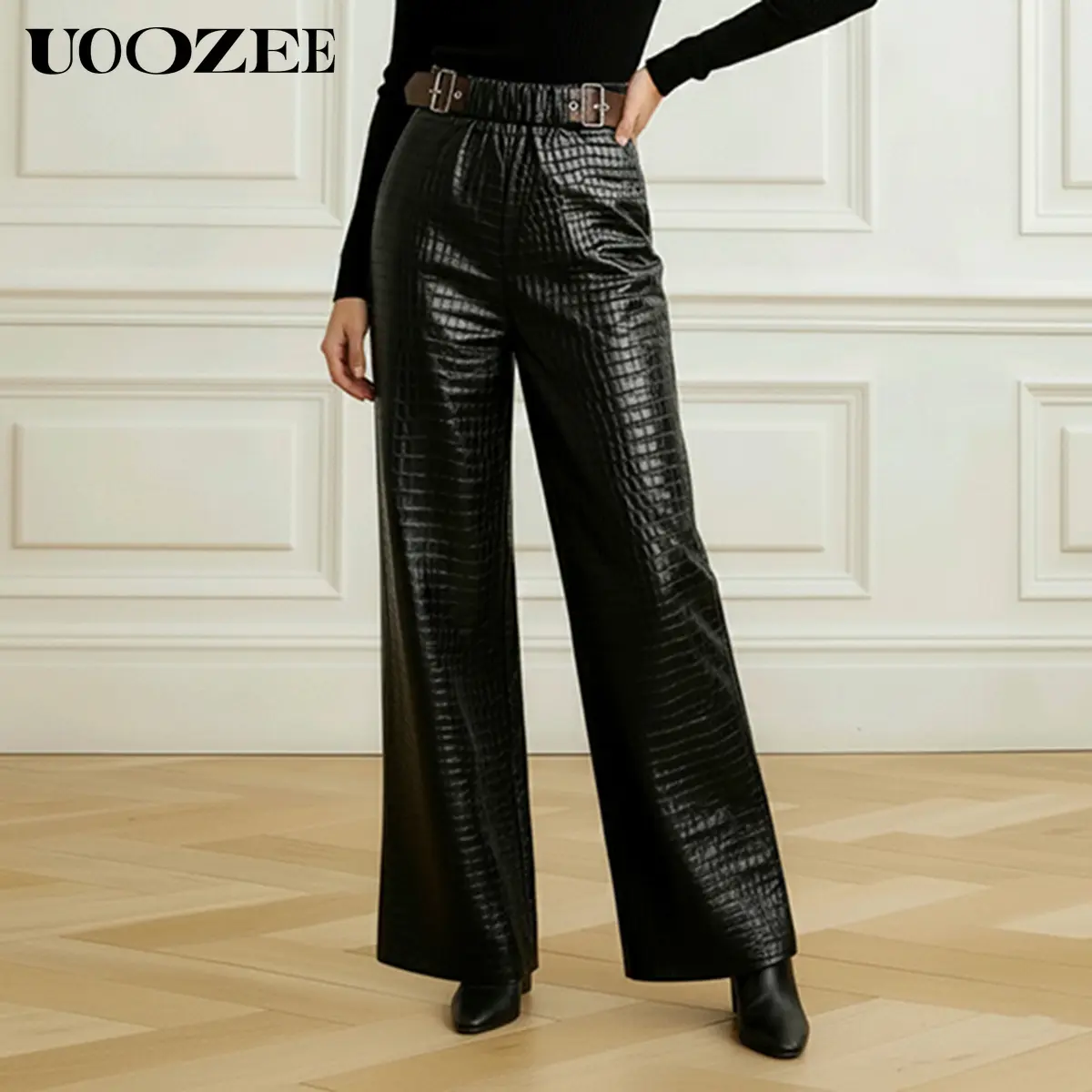 UOOZEE Women's Elegant Crocodile-Print High-Waisted Wide-Leg PU Leather Pants - Elastic Waist, Included Belt, Street Style, Turtleneck, Evening, Statement, Minimalist Fabric | Complementary Earrings, Shirt, Camisole for Cocktails, Everyday Wear