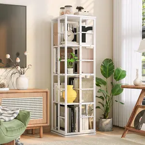 4 Tier 360° Rotating Bookshelf, Metal Frame Spinning Display Shelf with Safety Rails, Freestanding Narrow Bookcase for Living Room, Bedroom, Study & Small Spaces