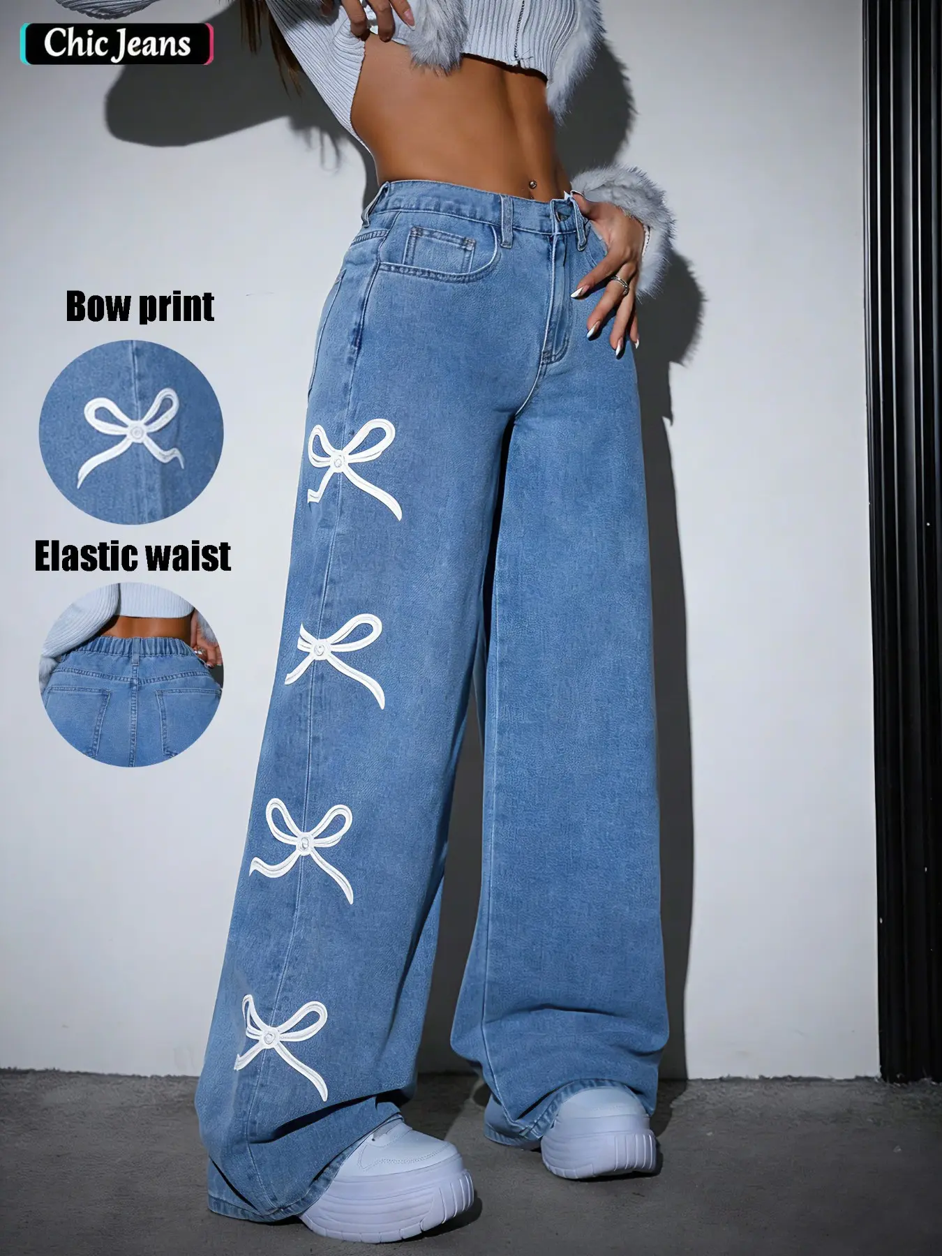 Women's Y2K Sweet Cool Punk Streetwear Style Bow Print Button Denim Jeans Trouser Baggy Oversize Wide Leg Pants, Loose Fit for All Body Types, Perfect for Music Festivals and Casual Womenswear