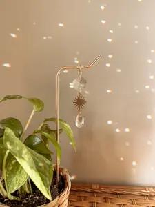 Brass Plant Stake - Hanging Sun Catcher & Celestial Sun Charm - Bohemian Home Decor - Indoor Metal Plant Stick - Decorative Houseplant Accessory