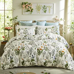 Duvet Cover Queen Size - 100% Cotton Reversible Floral Queen Duvet Cover Set with Zipper Closure, 3 Pieces Soft & Breathable Green Bedding Set for All Seasons